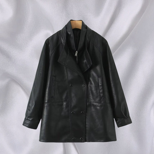 Damen Kunstlederjacke mit breitem Revers und praktischen Taschen Fudus