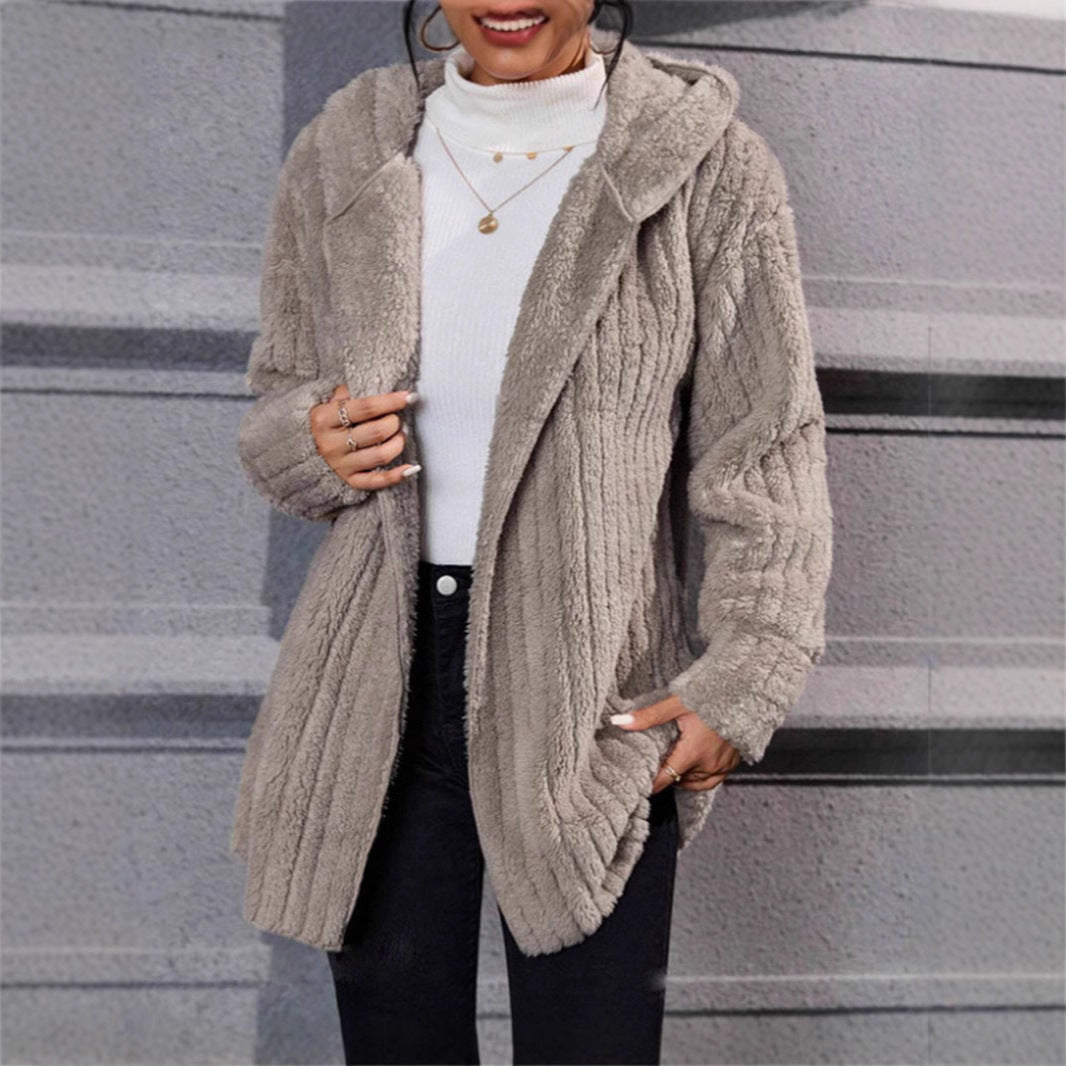 Damen kuschelige Fleecejacke mit Kapuze und strukturiertem Design Fudus