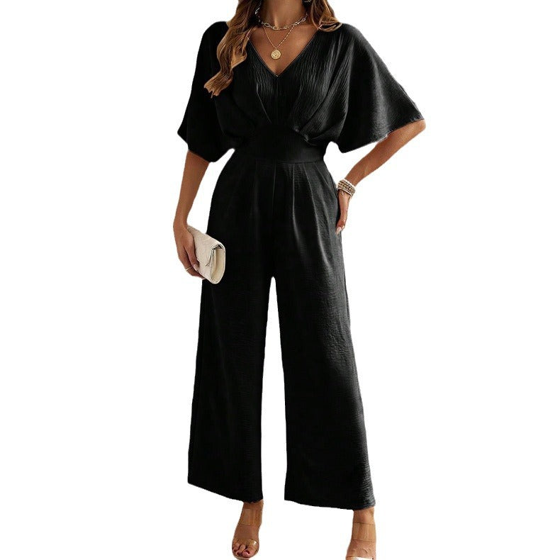 Damen Jumpsuit Weit Geschnitten V Ausschnitt Drapierungen Elegant