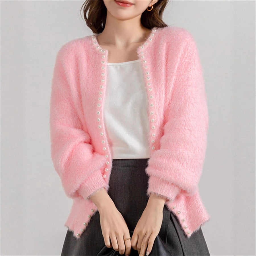 Damen kuschelige Strickjacke mit Perlenverzierung Fudus