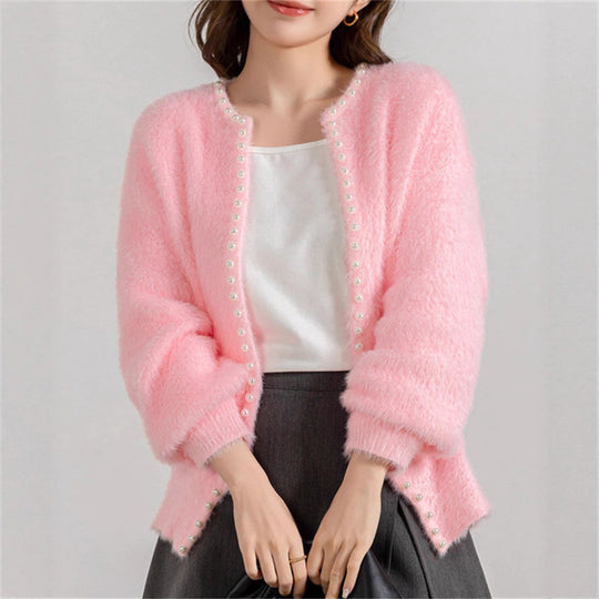 Damen kuschelige Strickjacke mit Perlenverzierung Fudus