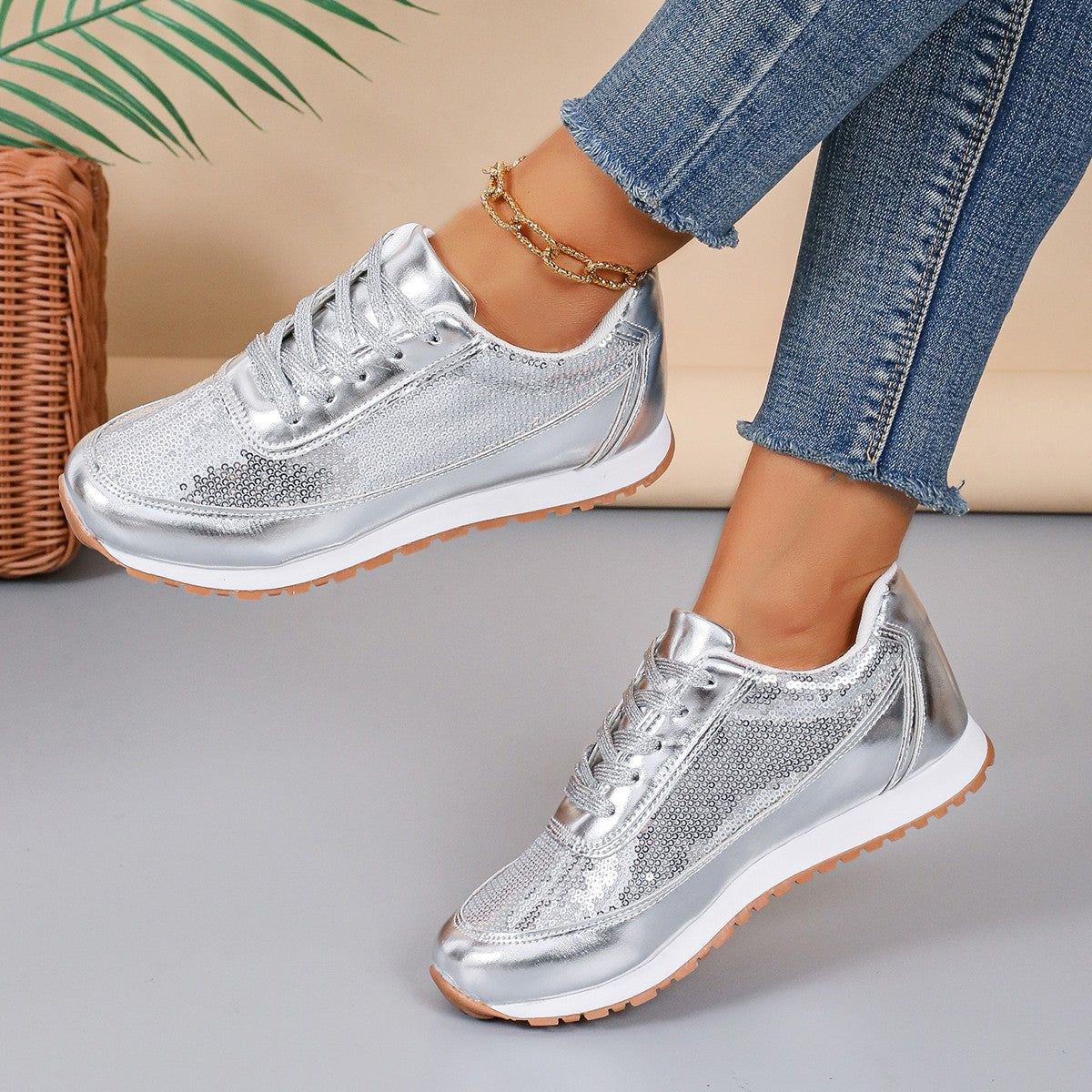 Damen Sneaker Mit Funkelnden Pailletten Und Bequemer Sohle