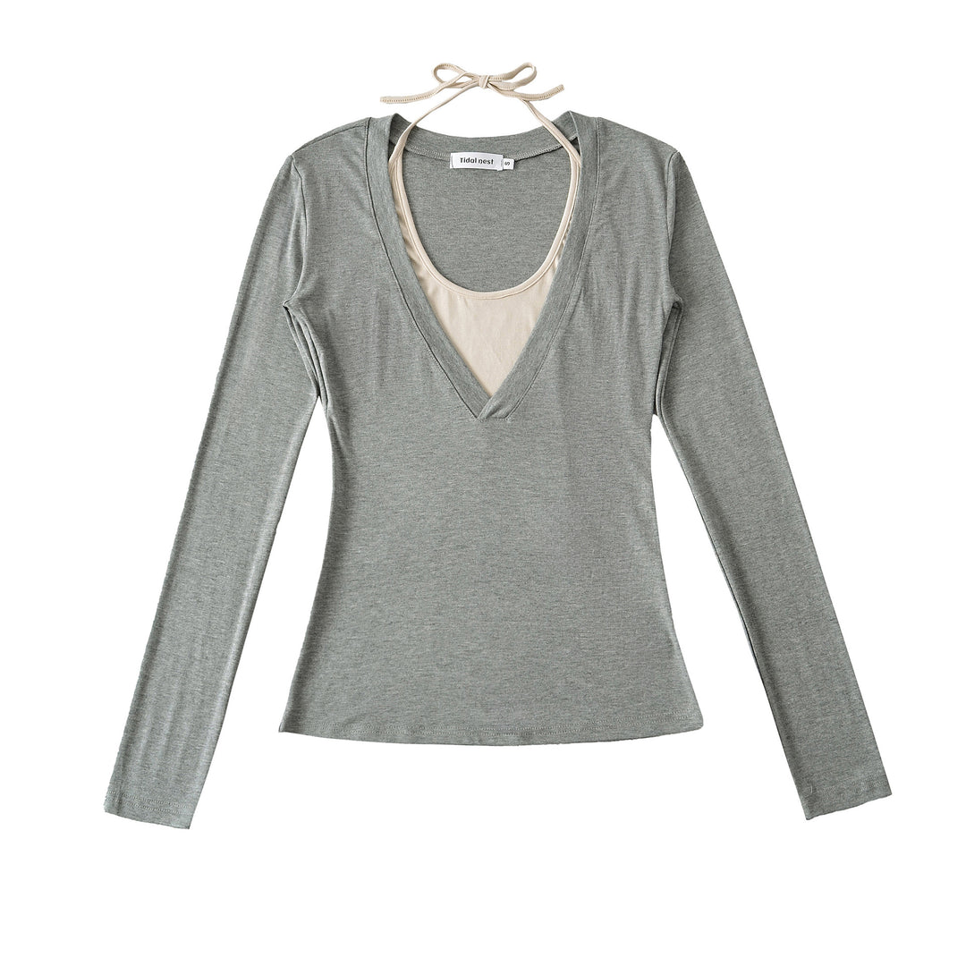 Damen langärmliges Oberteil mit tiefem V-Ausschnitt und Schleifenverzierung Fudus