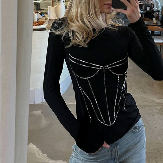 Damen Langarmshirt mit strassverziertem Corsagen-Design Fudus