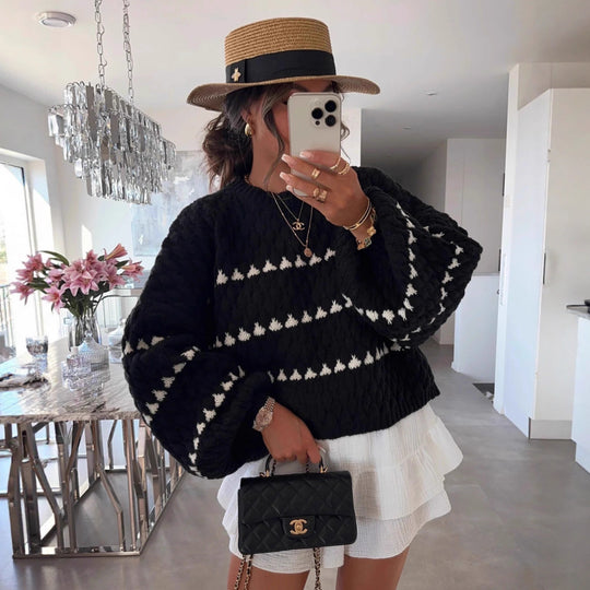 Damen Grobstrickpullover mit voluminösen Ärmeln und strukturiertem Muster Fudus