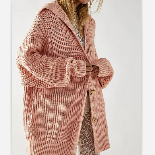 Damen Grobstrick-Hoodie Cardigan mit Knopfleiste und oversized Passform Fudus