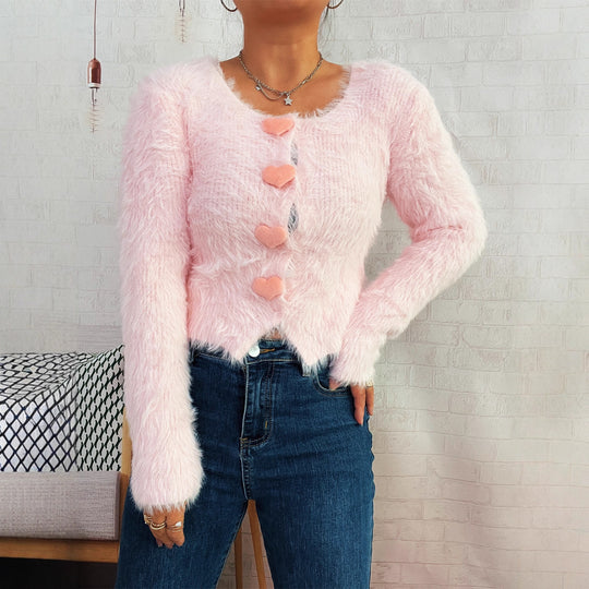 Damen Kuscheliger Strickpullover mit Herzknöpfen Fudus