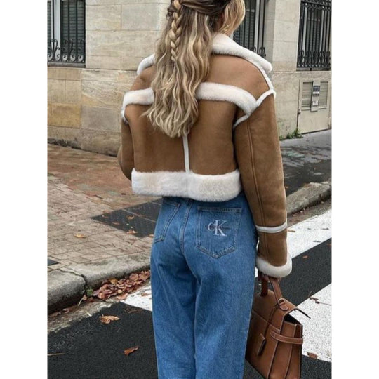 Damen kurze Lederjacke mit kunstpelzbesatz Fudus