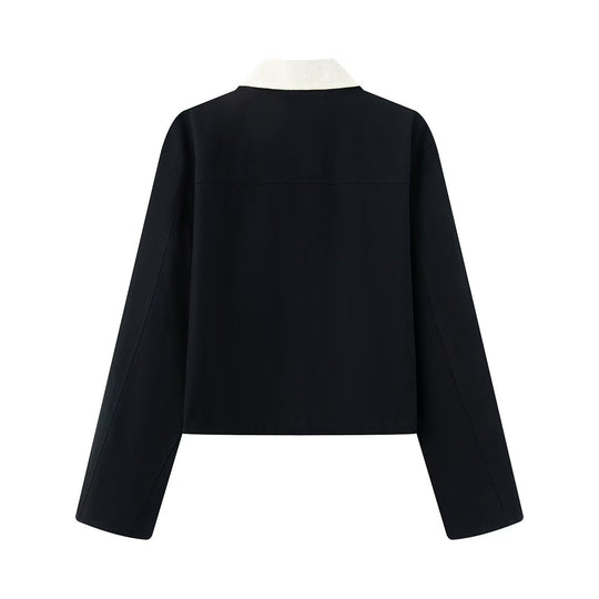 Damen lässige Jacke mit kontrastierendem Kragen und praktischen Taschen Fudus