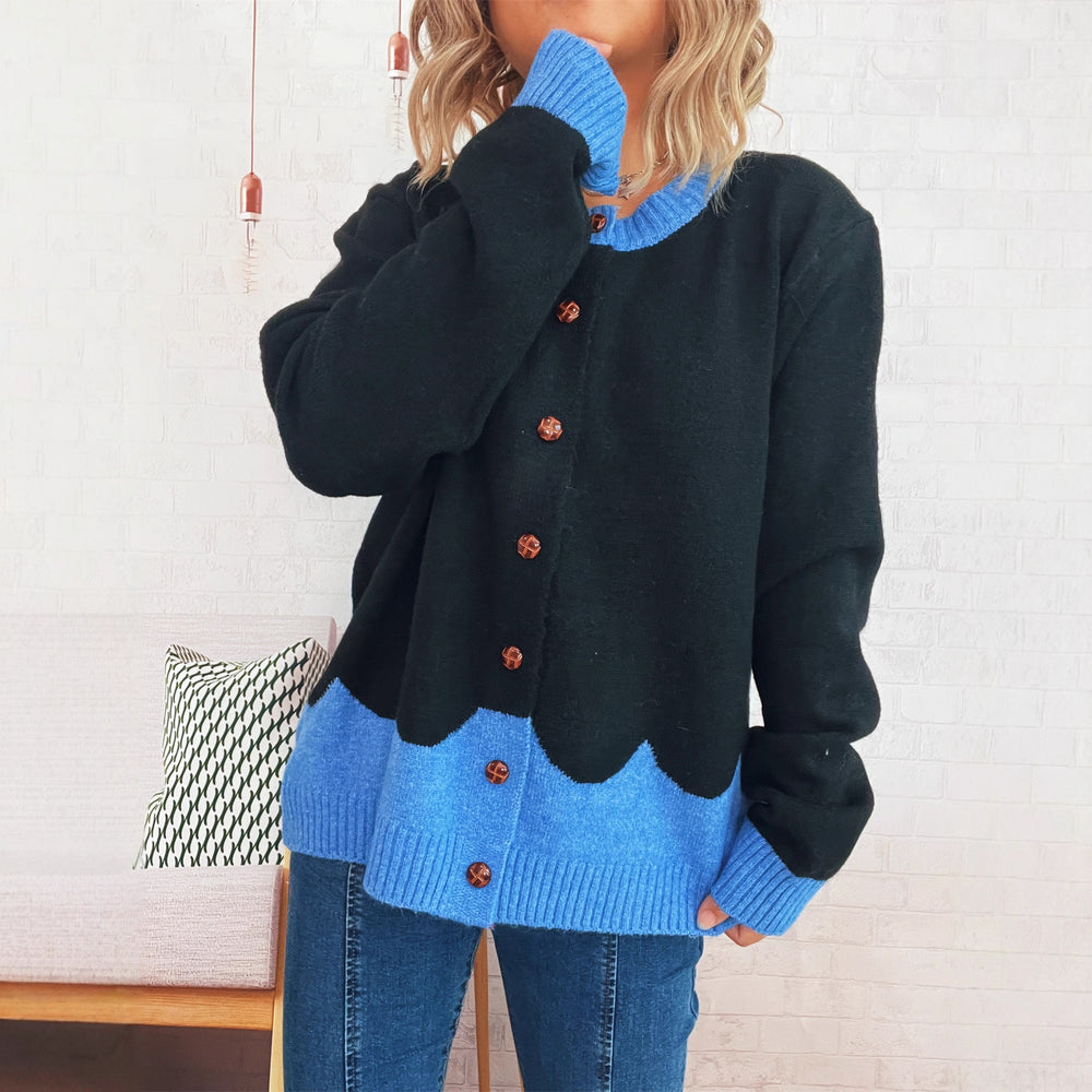 Damen lässige Strickjacke mit buntem Kontrast und eleganten Knopfdetails Fudus