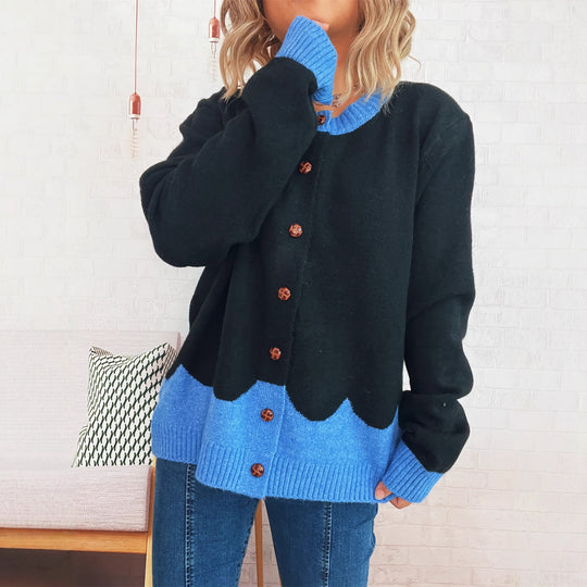 Damen lässige Strickjacke mit buntem Kontrast und eleganten Knopfdetails Fudus