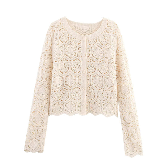 Damen Häkeljacke mit floralen Mustern und Knopfdesign Fudus