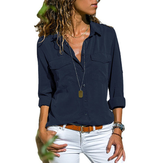 Damen lässige Bluse mit Knopfleiste und zwei Brusttaschen Fudus