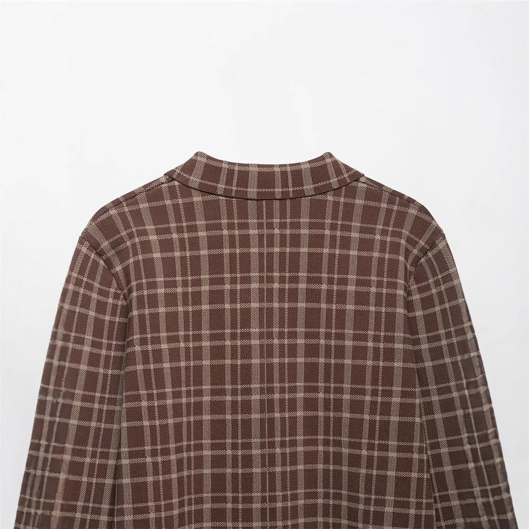 Damen Karierte Kurzjacke mit großen aufgesetzten Taschen und eleganten Knopfdetails Fudus