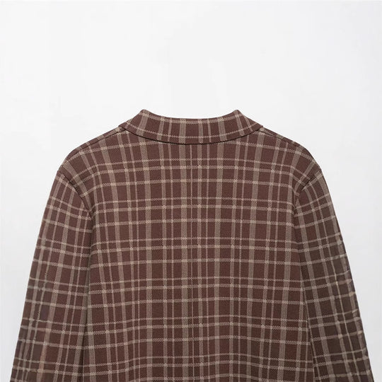 Damen Karierte Kurzjacke mit großen aufgesetzten Taschen und eleganten Knopfdetails Fudus