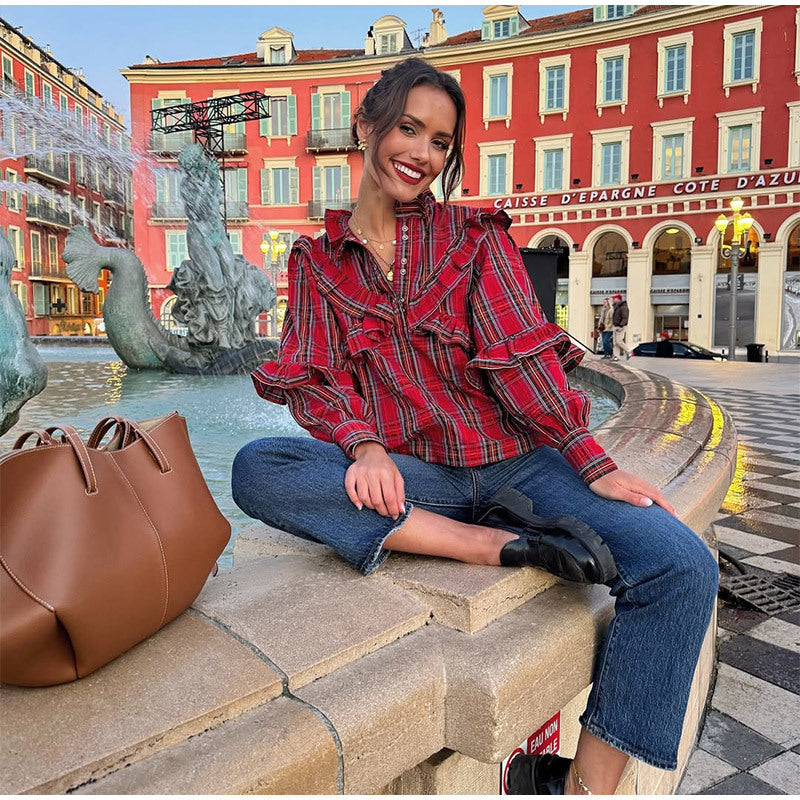 Damen Hemdbluse mit Rüschendetails und Karomuster Fudus