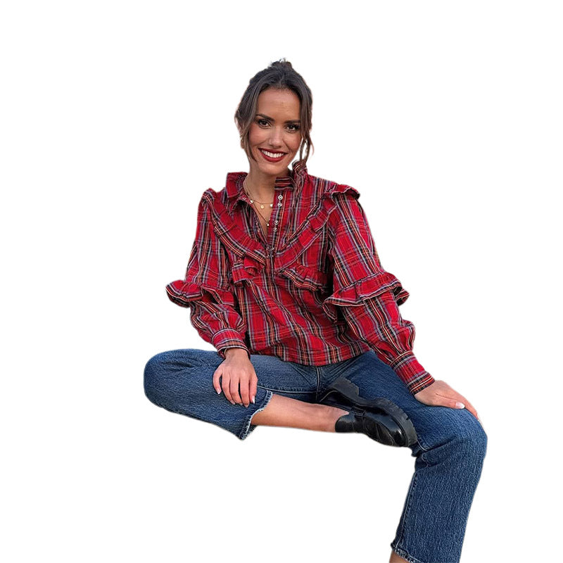 Damen Hemdbluse mit Rüschendetails und Karomuster Fudus