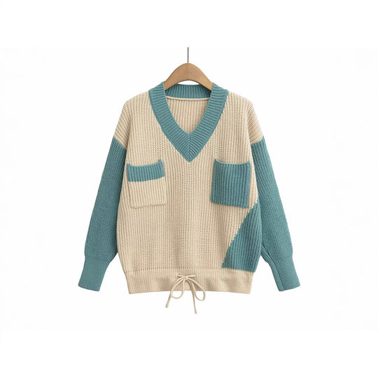 Damen Grobstrickpullover mit V-Ausschnitt und praktischen Taschen Fudus