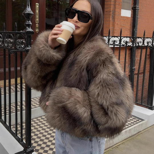 Damen Kuschelige Kunstfelljacke mit weiten Ärmeln Fudus