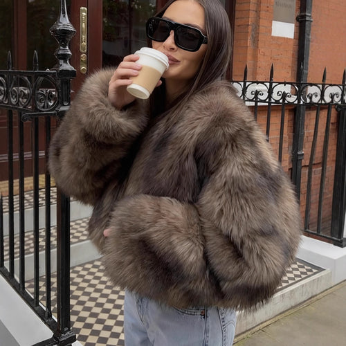 Damen Kuschelige Kunstfelljacke mit weiten Ärmeln Fudus