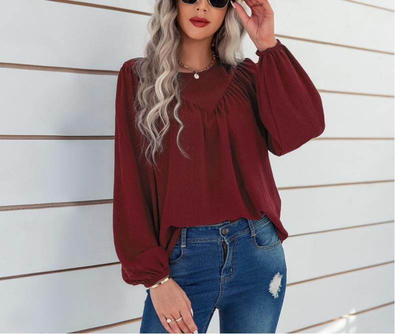 Damen lässige Bluse mit Ballonärmeln und feiner Struktur Fudus