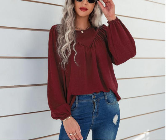 Damen lässige Bluse mit Ballonärmeln und feiner Struktur Fudus