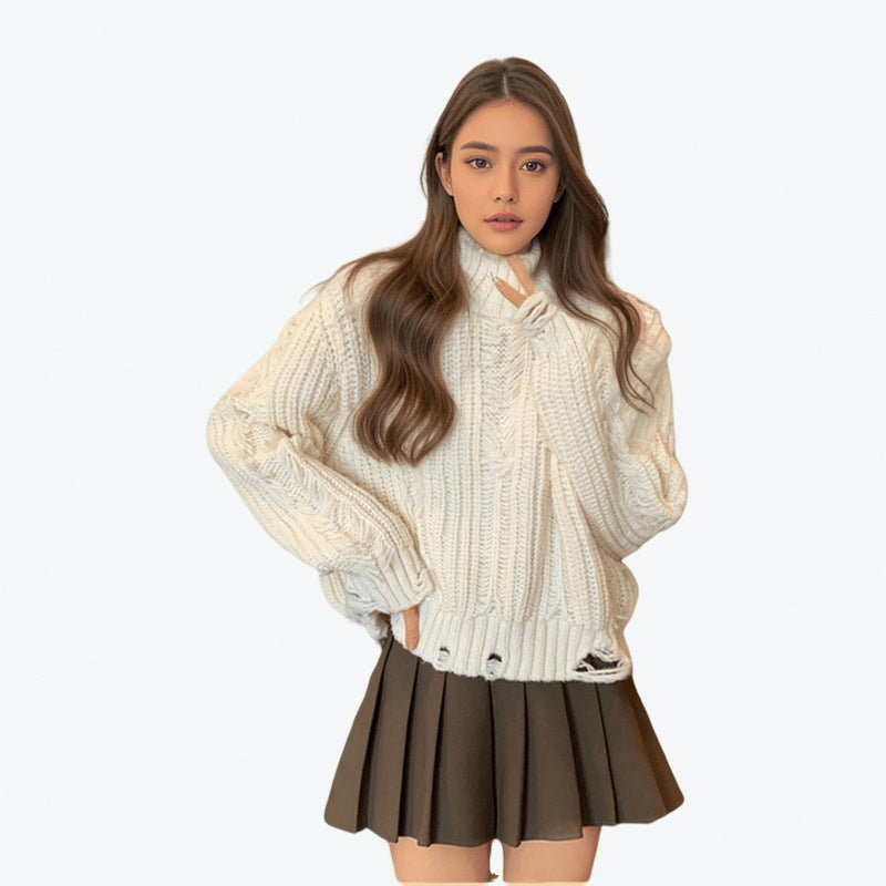 Damen Grobstrickpullover mit hohem Kragen und strukturiertem Design Fudus