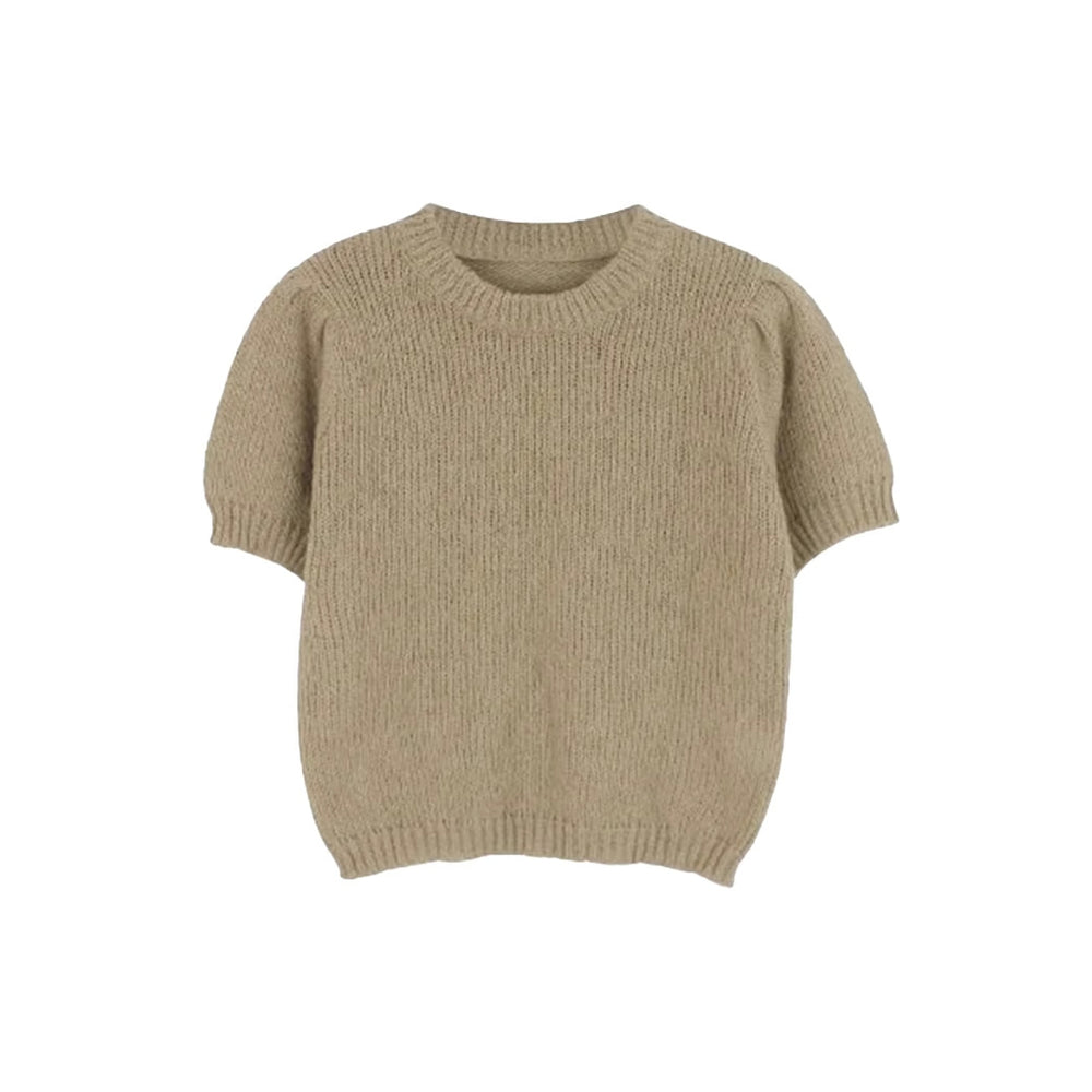 Damen kurzärmeliger Strickpullover mit Ballonärmeln und Rundhalsausschnitt Fudus