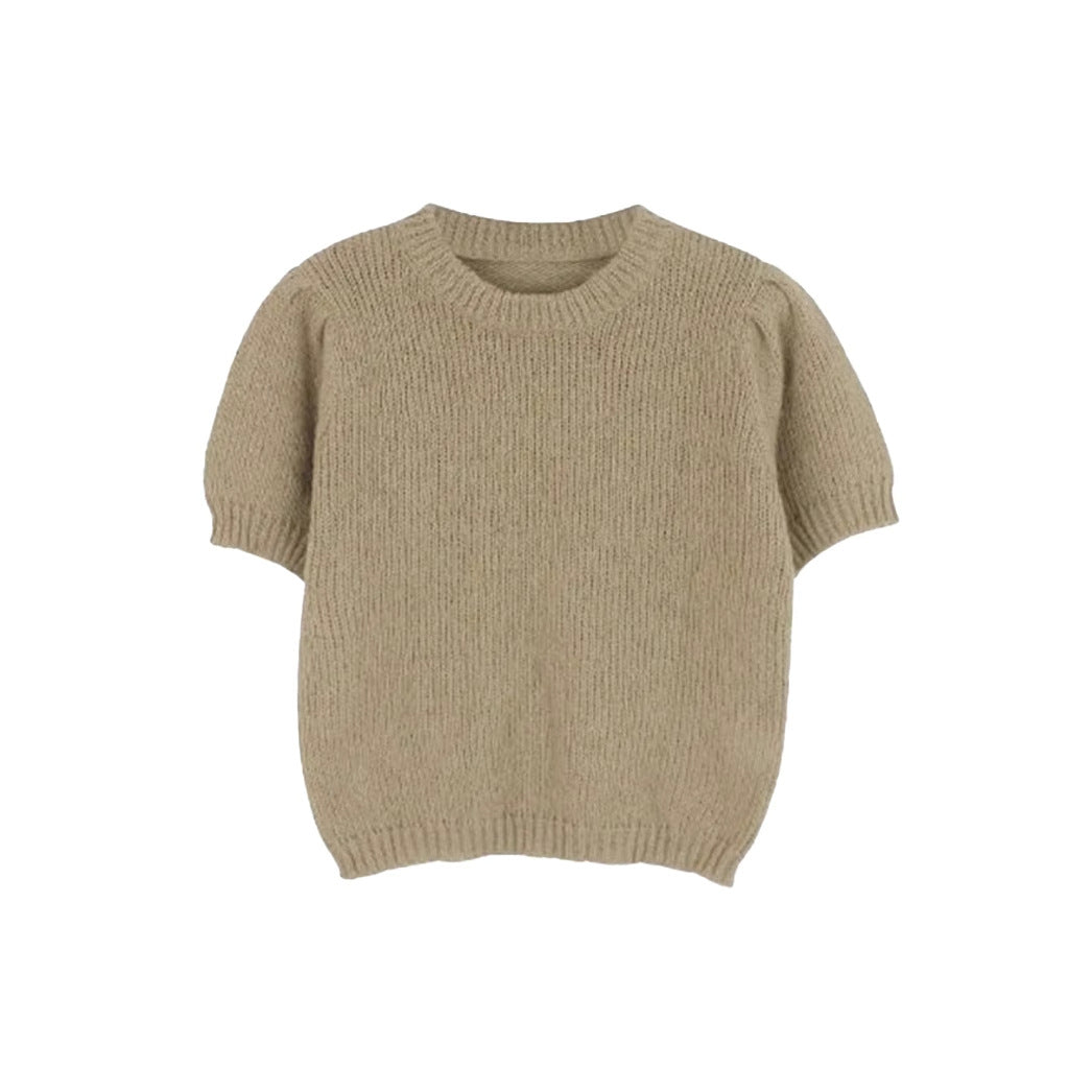 Damen kurzärmeliger Strickpullover mit Ballonärmeln und Rundhalsausschnitt Fudus