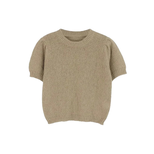 Damen kurzärmeliger Strickpullover mit Ballonärmeln und Rundhalsausschnitt Fudus