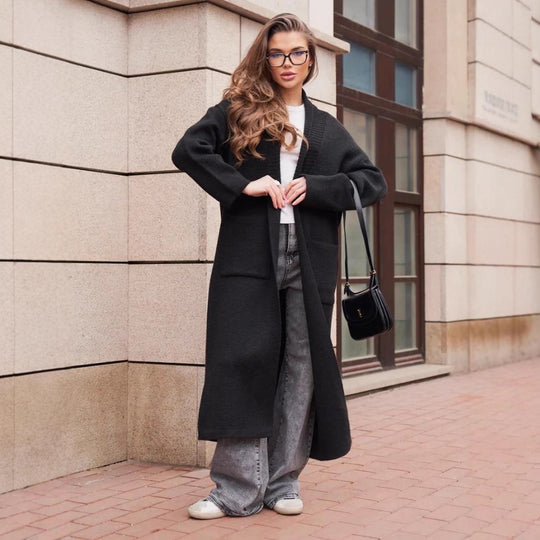 Damen Langstrickcardigan mit offenen Kanten und tiefen Taschen Fudus