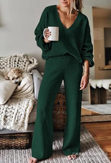 Damen Kuschelndes Strickset mit V-Ausschnitt und weitem Bein Fudus