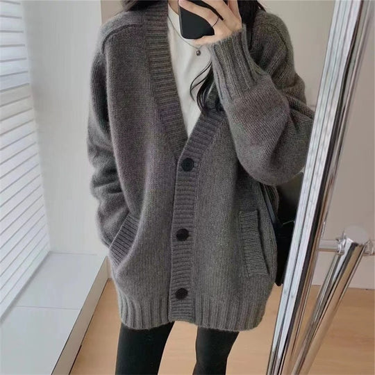 Damen komfortabler Strickcardigan mit großen Taschen Fudus