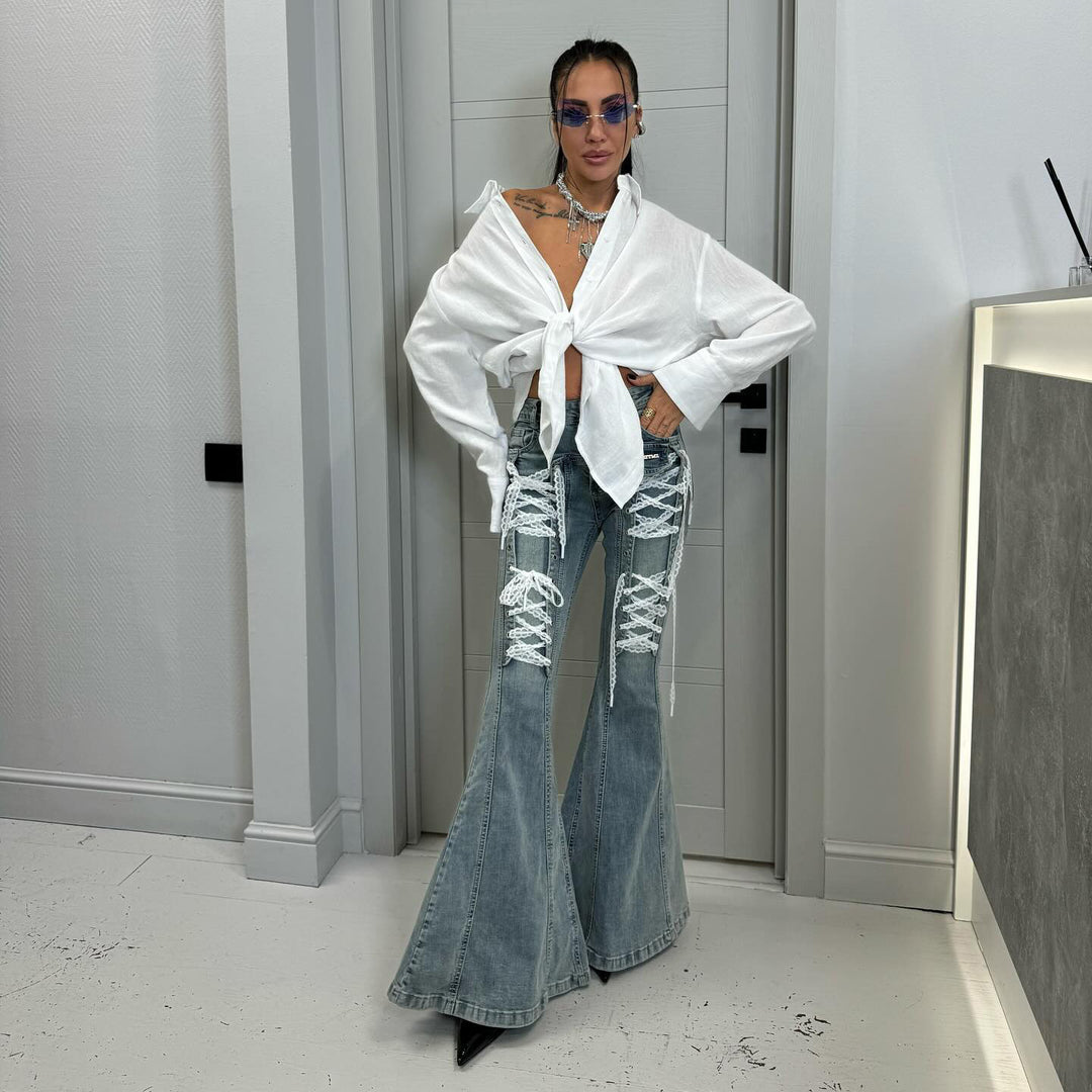 Damen lässige Jeans mit einzigartigen Schnürdetails Fudus