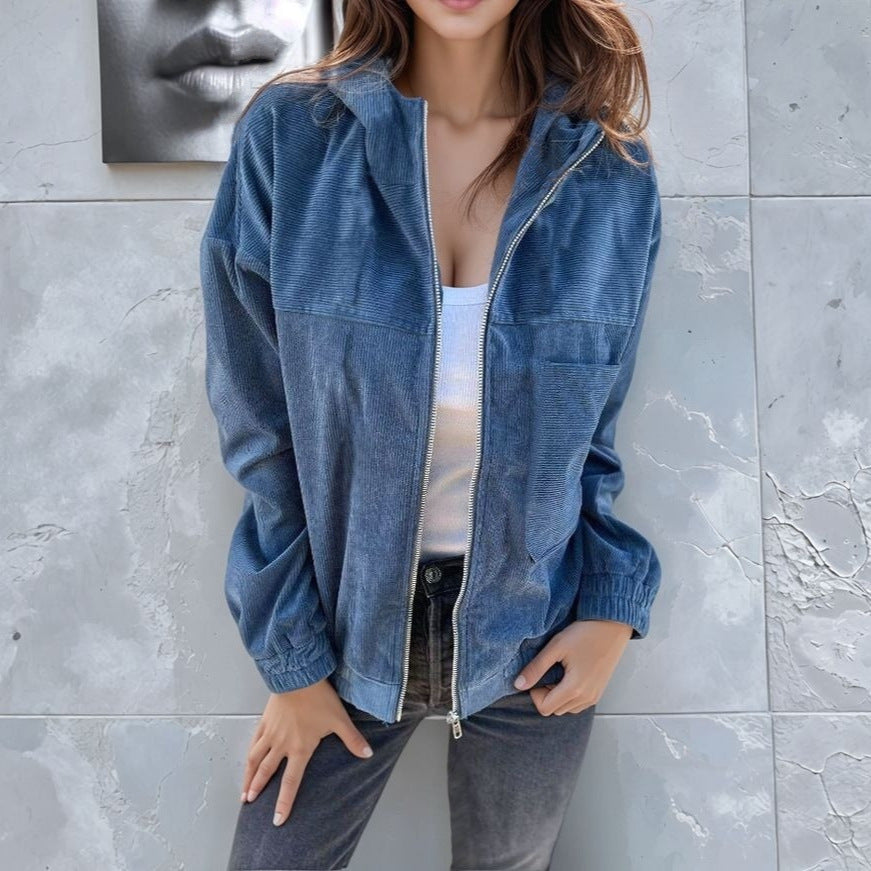Damen lässige Cordjacke mit praktischen Taschen und elegantem Reißverschluss Fudus