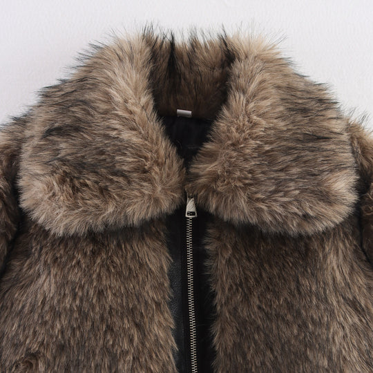 Damen kuschelige Kunstfelljacke mit großem Kragen Fudus