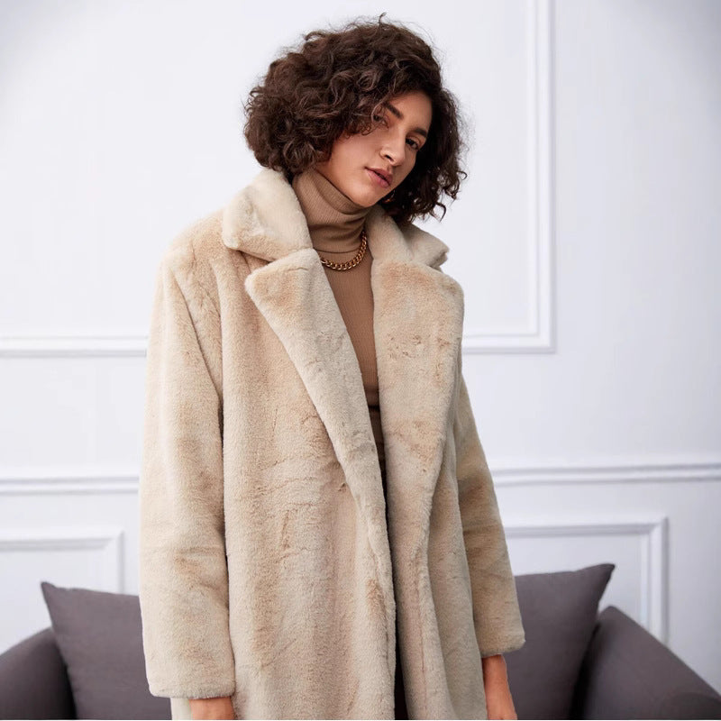 Damen Langer Kunstpelzmantel mit elegantem Reverskragen und praktischen Taschen Fudus