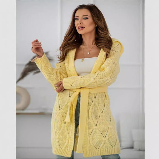 Damen Langer Strickcardigan mit Gürtel und strukturierter Oberfläche Fudus