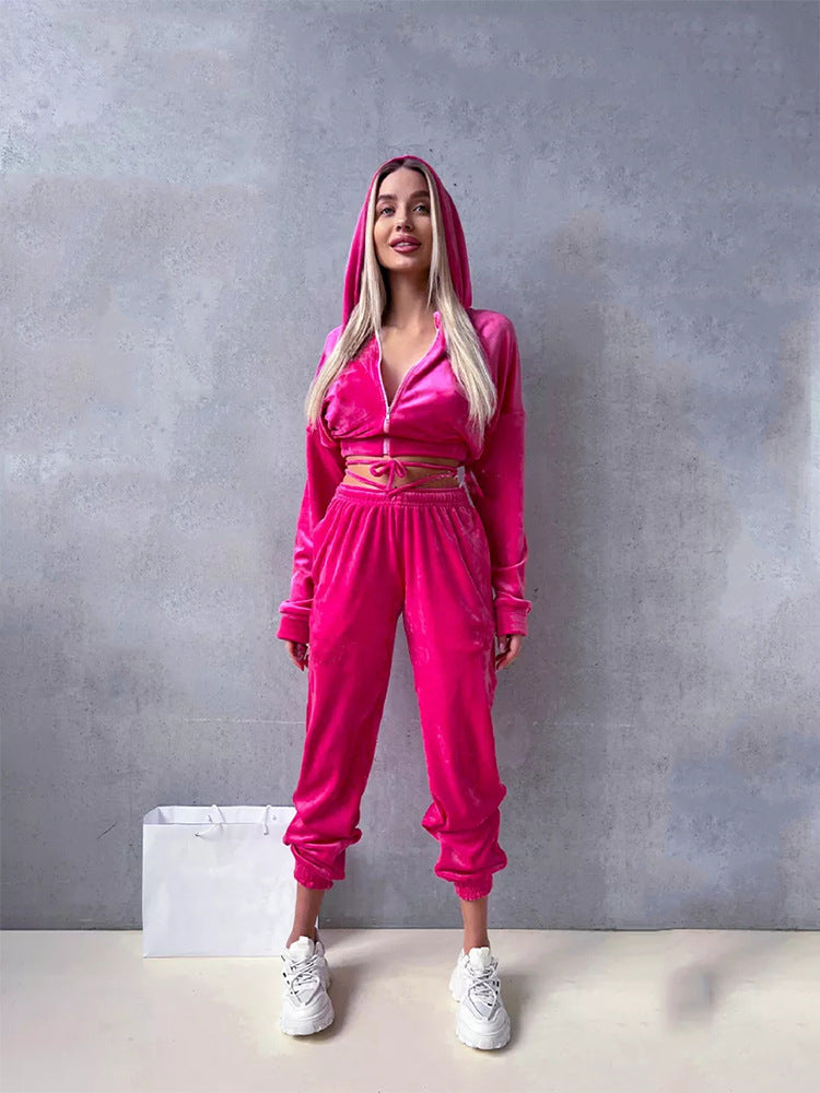 Damen kuscheliges Velours-Set mit Kapuzenoberteil Fudus