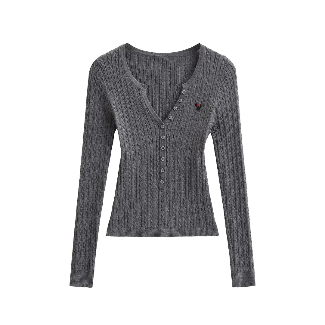 Damen Langarm Strickoberteil mit Knopfleiste und feinem Rippmuster Fudus