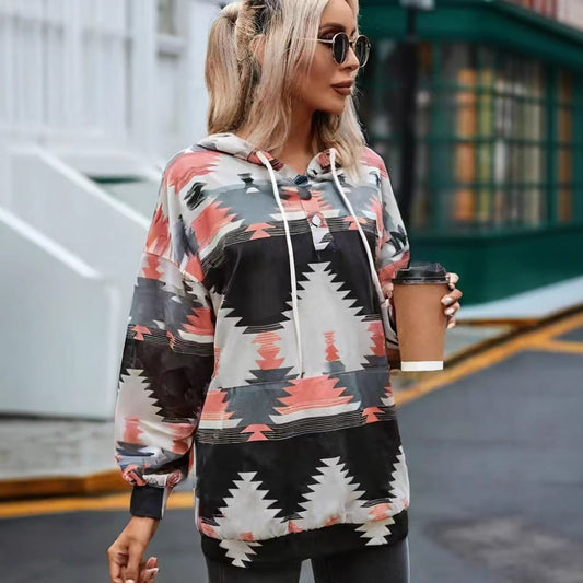 Damen Kapuzenpullover mit kreativem Farbmuster und praktischen Knöpfen Fudus