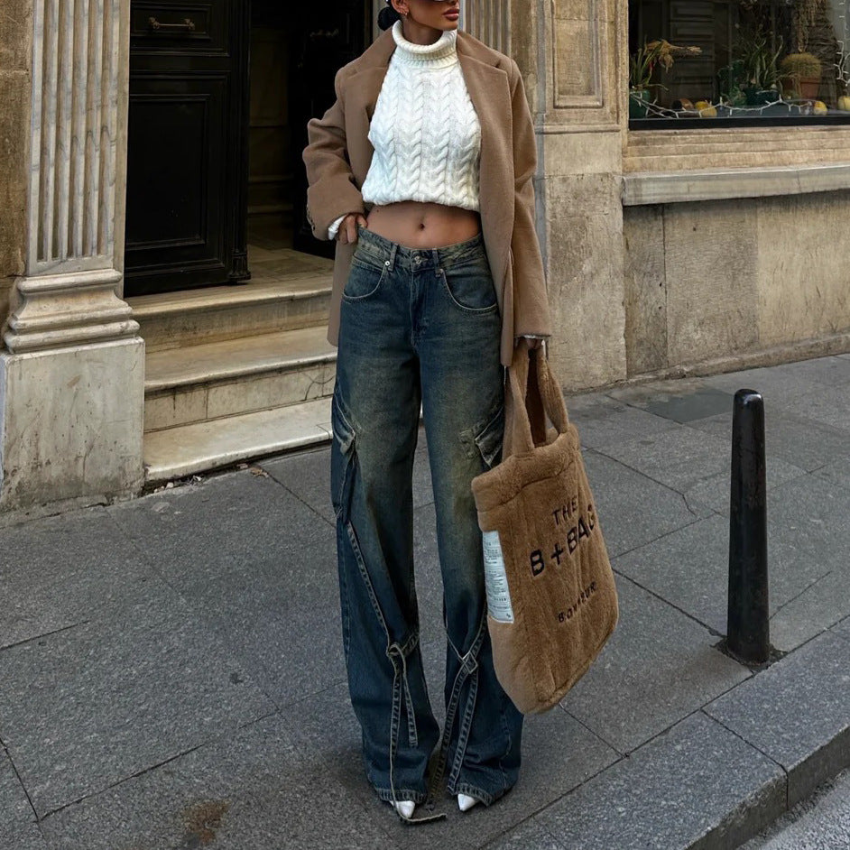 Damen lässige High-Waist Cargo-Jeans mit einzigartigen Schnittelementen Fudus