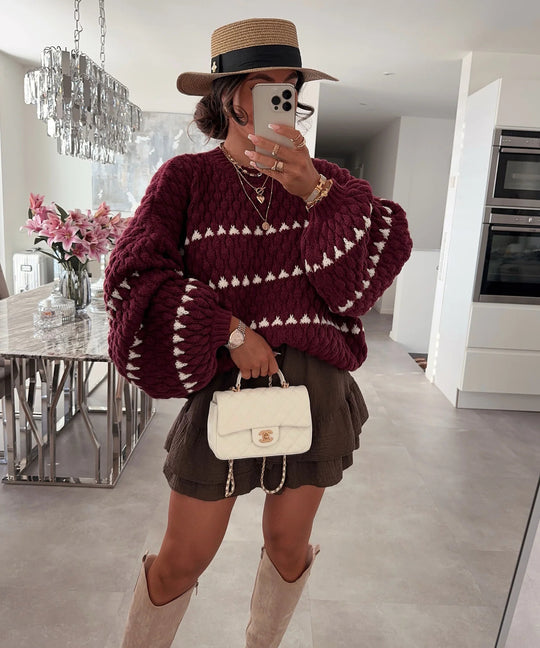 Damen Grobstrickpullover mit voluminösen Ärmeln und strukturiertem Muster Fudus