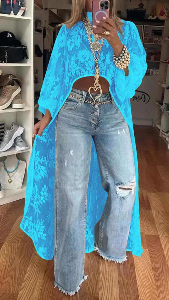 Damen Langer Kaftan mit Spitze und weit geschnittenen Ärmeln Fudus