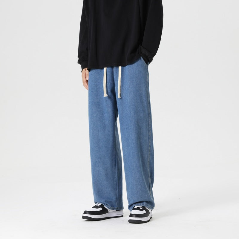 Herren lässige weite Jeanshose mit elastischem Bund und seitlichen Eingrifftaschen Fudus