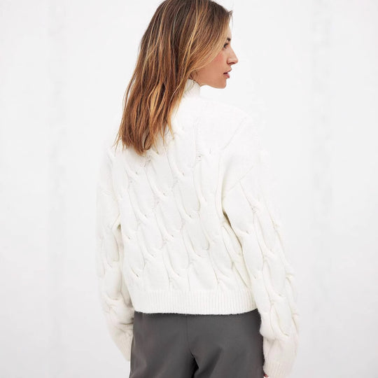 Damen Grobstrickpullover mit einem hohen Kragen und romantischem Zopfdesign Fudus