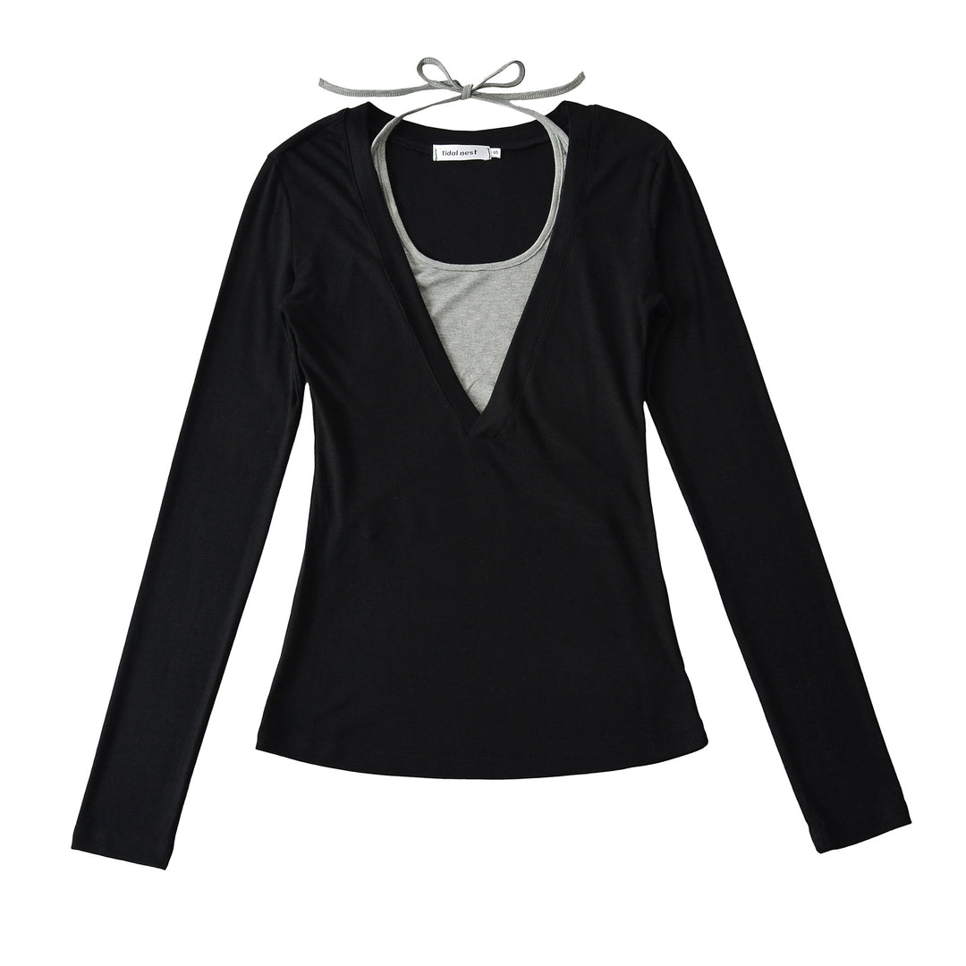Damen langärmliges Oberteil mit tiefem V-Ausschnitt und Schleifenverzierung Fudus