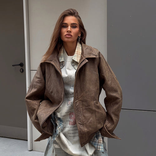 Damen lässige Lederjacke mit oversized Schnitt und praktischen Taschen Fudus