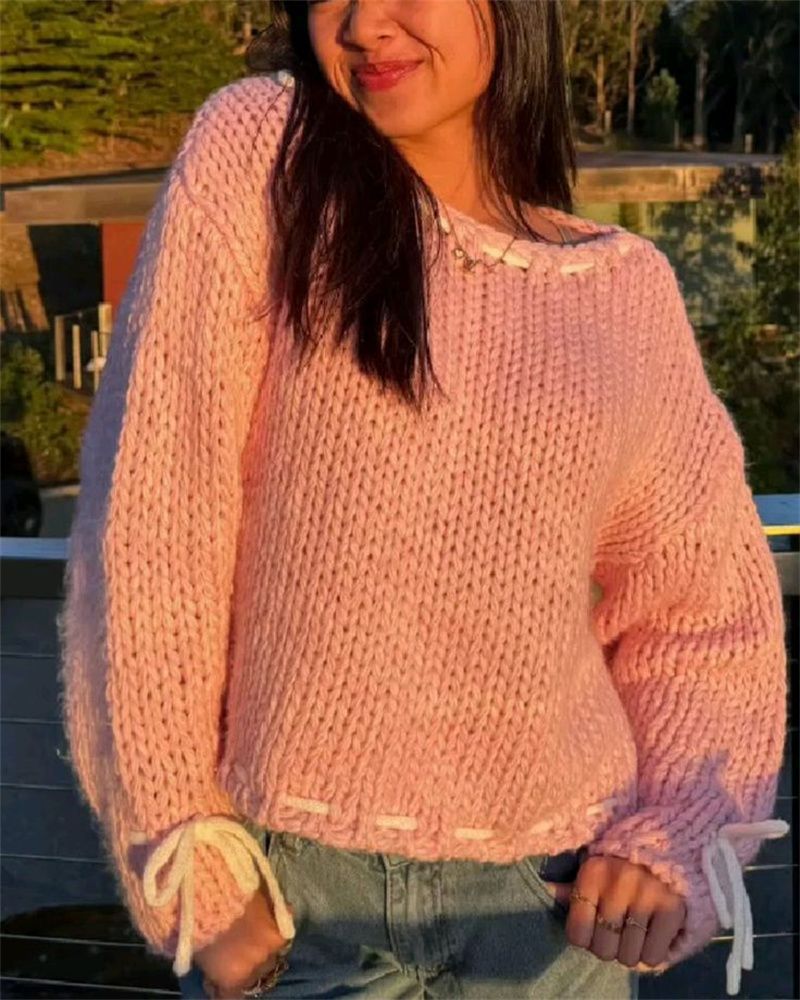 Damen Grobstrickpullover mit verspielten Details und lässigem Schnitt Fudus