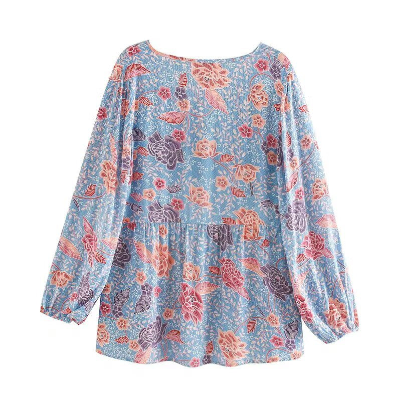 Damen Langarmbluse mit floralem Muster und Raffung Fudus